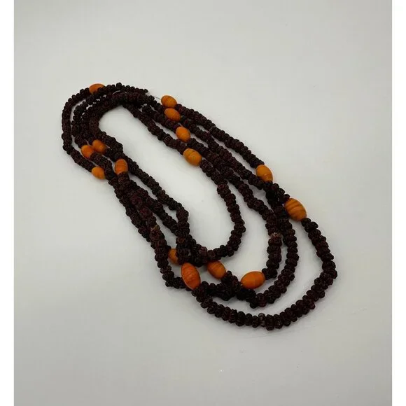 Seed Necklaces Beaded Handmade Natural Orange Brown Botanical Folk Art Set of 2 - Picture 1 of 8